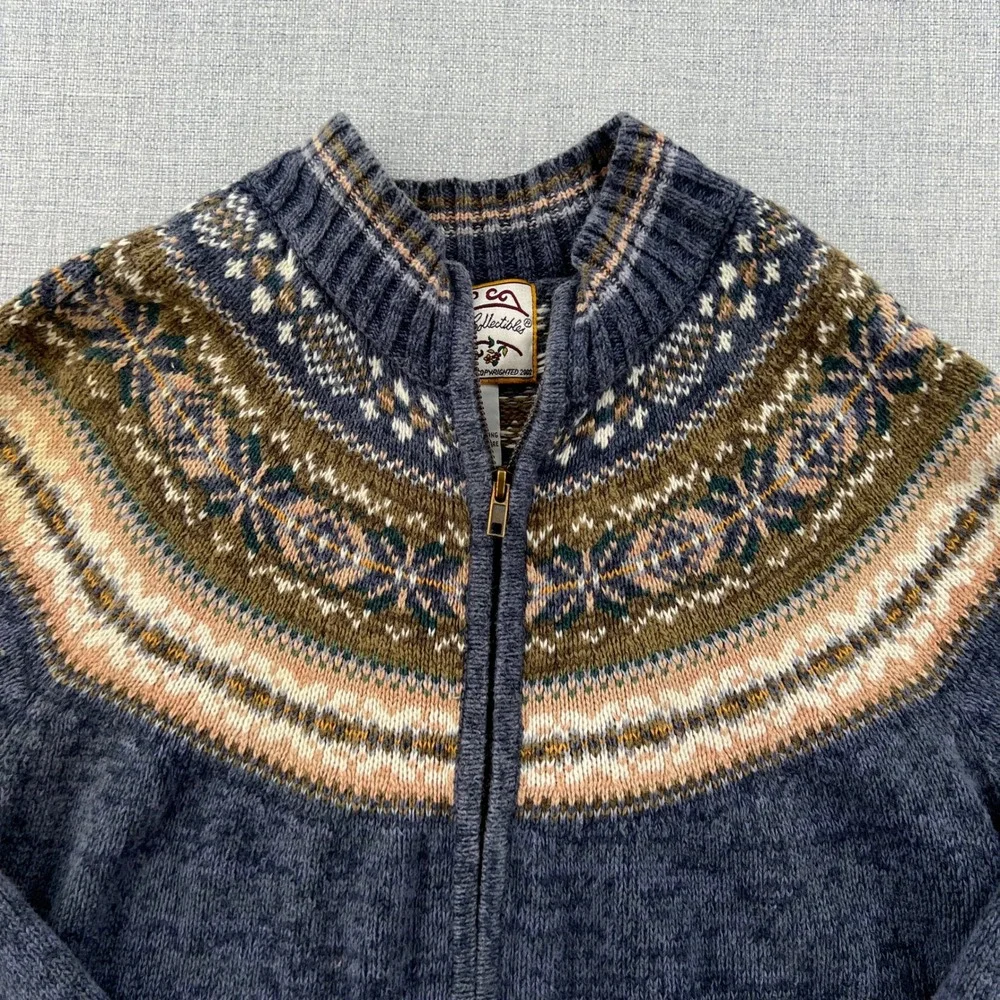 Vintage Y2K Heirloom Cardigan Sweater Women Large Blue Fair Isle Full Zip Nordic